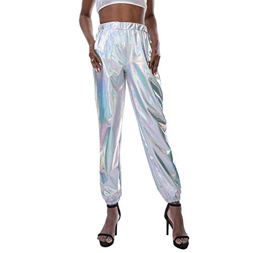 IBAKOM Damen Metallisch Hosen Glänzende Leder Hohe Taille Holographic Freizeit Lässige lose Lange Hose Hiphop Tanzen Bühnenkostüm Silber M von IBAKOM