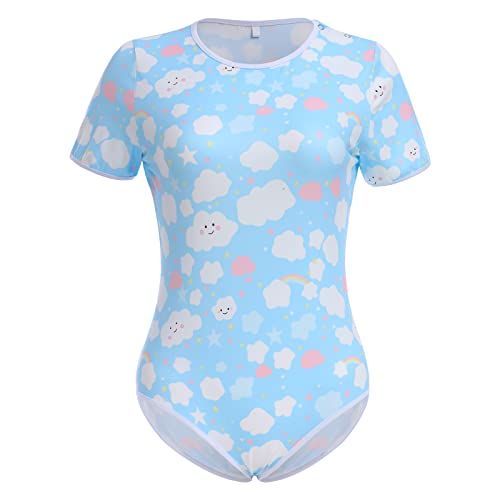 IBAKOM Damen Niedlicher Druck Pyjama Body Kurzarm Strampler Einteiler Nachtwäsche Trikot Nachtwäsche Unterkleidung Schlafanzug Lounge-Wäsche Hellblau L von IBAKOM