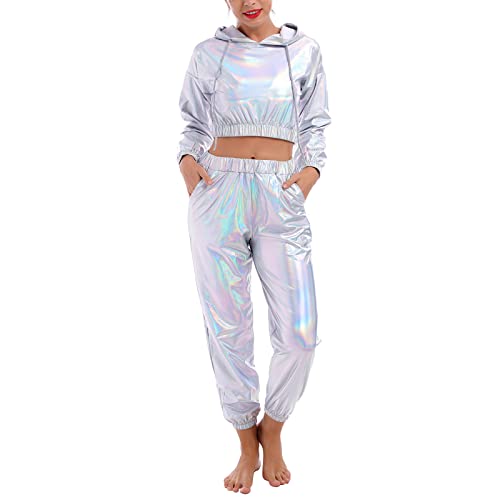 IBAKOM Damen Rave Outfits Glänzend Metallisch Crop Top mit Kapuze Lederhosen mit elastischem Bund 2 Stück Hologramm Party Nachtclub Tanz Outfits Punk Clubwear Hologramm Silber XXL von IBAKOM