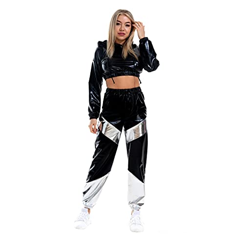 IBAKOM Damen Rave Outfits Glänzend Metallisch Crop Top mit Kapuze Lederhosen mit elastischem Bund 2 Stück Hologramm Party Nachtclub Tanz Outfits Punk Clubwear Schwarz XL von IBAKOM