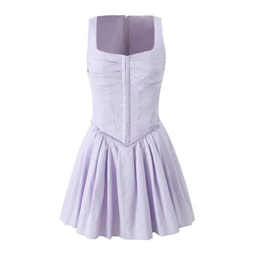 IBAKOM Damen Sommerkleid Ärmellos Plissiert Bustier Korsett Kleid Hohe Taille Rüsche A-Linie Minikleider Freizeitkleider Cocktailkleid lila S von IBAKOM