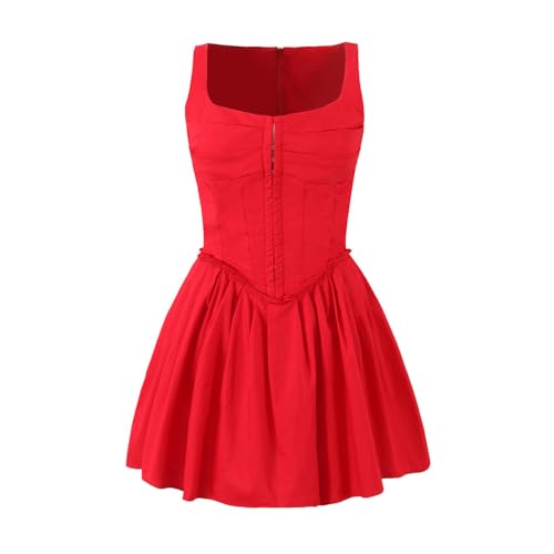 IBAKOM Damen Sommerkleid Ärmellos Plissiert Bustier Korsett Kleid Hohe Taille Rüsche A-Linie Minikleider Freizeitkleider Cocktailkleid rot M von IBAKOM