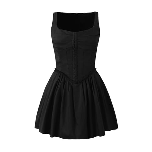 IBAKOM Damen Sommerkleid Ärmellos Plissiert Bustier Korsett Kleid Hohe Taille Rüsche A-Linie Minikleider Freizeitkleider Cocktailkleid schwarz L von IBAKOM