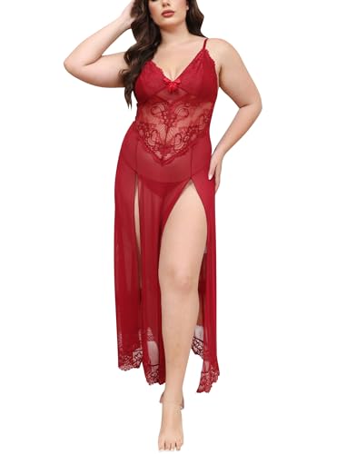 IBAKOM Dessous Damen Lang Spitze Negligee V-Ausschnitt Babydoll mit Schlitz in Übergröße Träger Spitzenhemd Sexy Nachtwäsche Schlafanzug mit G-String Pyjama Reizwäsche Große Größe rot 3XL von IBAKOM