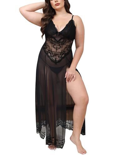 IBAKOM Dessous Damen Lang Spitze Negligee V-Ausschnitt Babydoll mit Schlitz in Übergröße Träger Spitzenhemd Sexy Nachtwäsche Schlafanzug mit G-String Pyjama Reizwäsche Große Größe schwarz 3XL IBAKOM Dessous Damen Lang Spitze Negligee V-Ausschnitt Babydoll mit Schlitz in Übergröße Träger Spitzenhemd Sexy Nachtwäsche Schlafanzug mit G-String Pyjama Reizwäsche Große Größe schwarz 3XL von IBAKOM