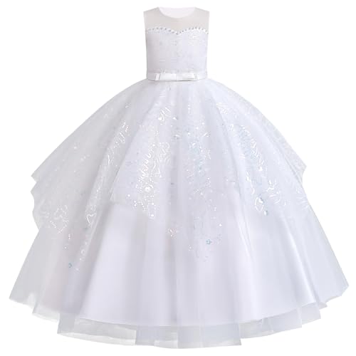 IBAKOM Erstkommunion Kleid Mädchen weiß: Festlich Blumenmädchenkleid für Hochzeit mit Schleife und Pailetten lang - Tüll Prinzessinkleid Sommer für Kinder 4-13 Jahre weiß 9-10 Jahre von IBAKOM
