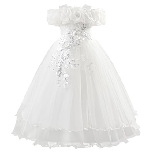 IBAKOM Erstkommunion Kleid Mädchen weiß: Tüll Blumenmädchenkleid festlich Hochzeit mit Blumen lang - Prinzessinkleid Sommer für Kinder 7-12 Jahre weiß 11 Jahre von IBAKOM