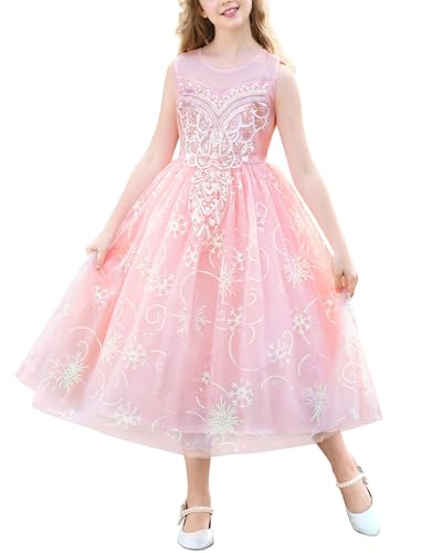 IBAKOM Festliche Kleider Mädchen: Prinzessin Kleid für Hochzeit Blumenmädchenkleid Brautjungfernkleider- A-Linie Sommerkleider Kommunionkleid Geburtstag Abendkleid Ballkleid Lang rosa 13-14 Jahre von IBAKOM