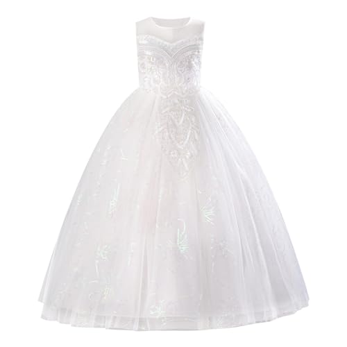 IBAKOM Festliche Kleider Mädchen: Prinzessin Kleid für Hochzeit Blumenmädchenkleid Brautjungfernkleider- A-Linie Sommerkleider Kommunionkleid Geburtstag Abendkleid Ballkleid Lang weiß 13-14 Jahre von IBAKOM