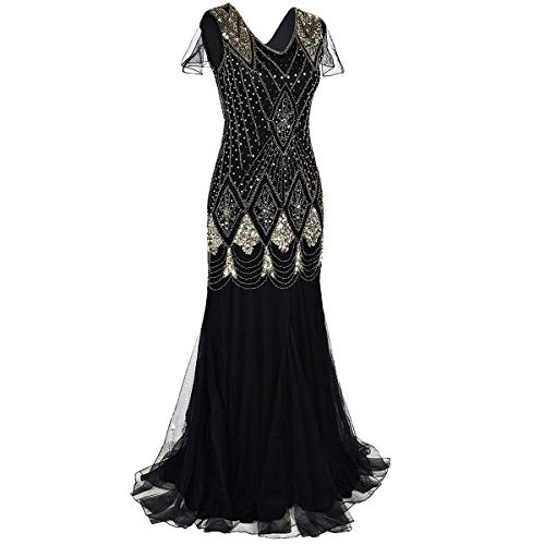 IBAKOM Frauen 1920er Jahre Gatsby Flapper Kleid Glitzernden Pailletten Perlen Abend Prom Formale Party Maxi Kleider Meerjungfrau Schwanz Bodenlanges Langes Kleid Schwarz + Gold 2XL von IBAKOM