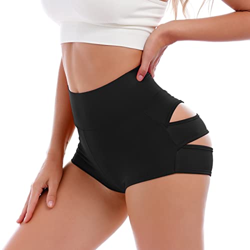 IBAKOM Frauen Cutout Rave Booty Shorts Hohe Taille Yoga Workout Hot Mini Hosen Activewear Tanzhose Clubwear, Schwarz , L von IBAKOM