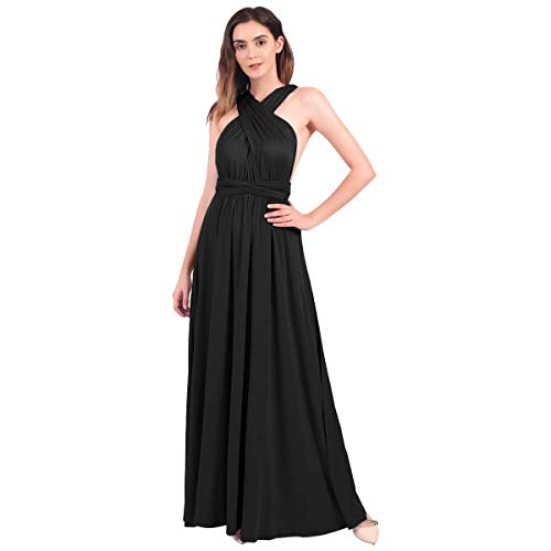 IBAKOM Frauen bodenlangen Hochzeit Abendkleid Muti-Wear Cabrio rückenfreies festes langes Wickelkleid Schwarz L von IBAKOM