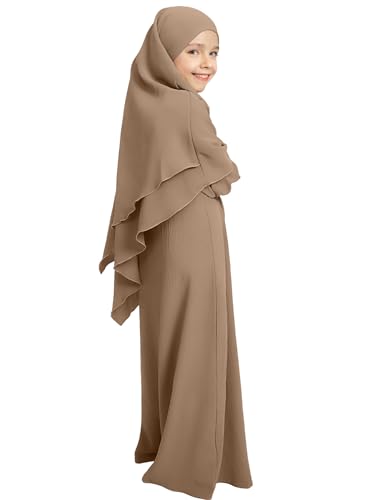 IBAKOM Gebetskleidung für Kinder Chiffon Muslimisch Kleid mit Taschen Mädchen Abaya mit Hijab Islamische Kleider Dubai Arabisch Türkische Robe Gebetskleid Jilbab Khimar Ramadan kaki 9-10 Jahre von IBAKOM