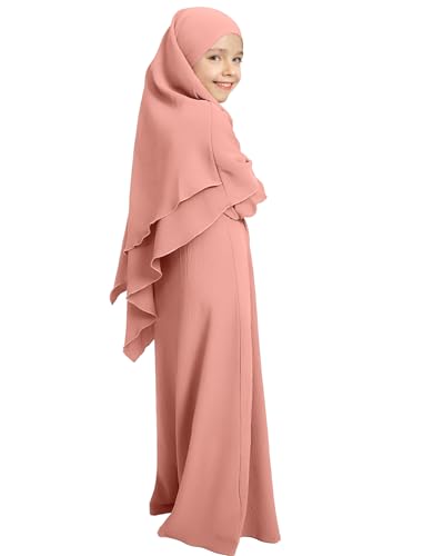 IBAKOM Gebetskleidung für Kinder Chiffon Muslimisch Kleid mit Taschen Mädchen Abaya mit Hijab Islamische Kleider Dubai Arabisch Türkische Robe Gebetskleid Jilbab Khimar Ramadan rosa 7-8 Jahre von IBAKOM