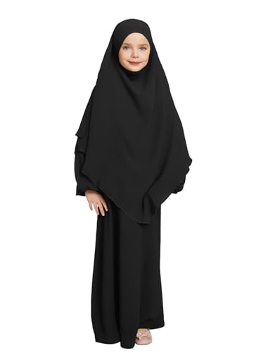 IBAKOM Gebetskleidung für Kinder Chiffon Muslimisch Kleid mit Taschen Mädchen Abaya mit Hijab Islamische Kleider Dubai Arabisch Türkische Robe Gebetskleid Jilbab Khimar Ramadan schwarz 5-6 Jahre von IBAKOM