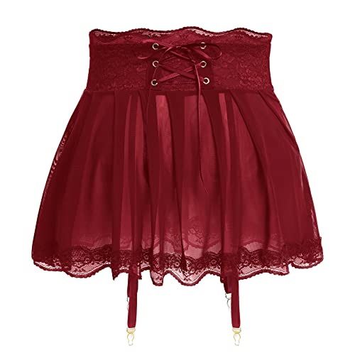 IBAKOM Herren Dessous Sissy Mini Tüllrock mit Strumpfband Gürtel Bowknot Floral Spitze Trim Girly Unterwäsche Crossdressing Unterhosen, weinrot, XL von IBAKOM