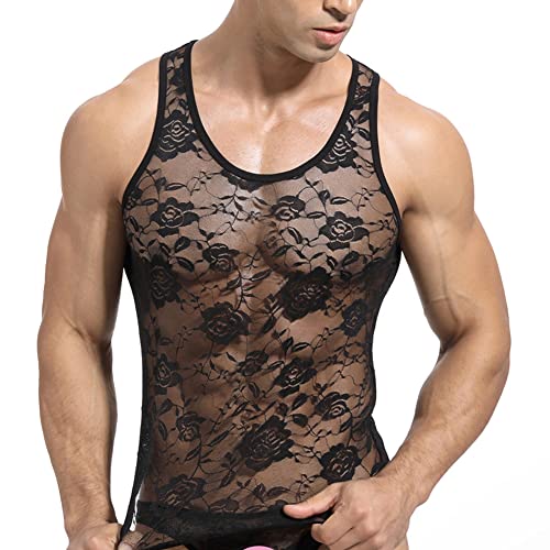 IBAKOM Herren Spitzen Unterhemd Netz Muskelshirt Transparente Mesh Tanks Netz Unterhemd Ärmellos Sport Top Spitzen Dessous Unterwäsche Männer Spitzen Hemd Schwarz XL von IBAKOM