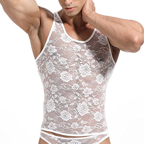 IBAKOM Herren Spitzen Unterhemd Netz Muskelshirt Transparente Mesh Tanks Netz Unterhemd Ärmellos Sport Top Spitzen Dessous Unterwäsche Männer Spitzen Hemd Weiß M von IBAKOM