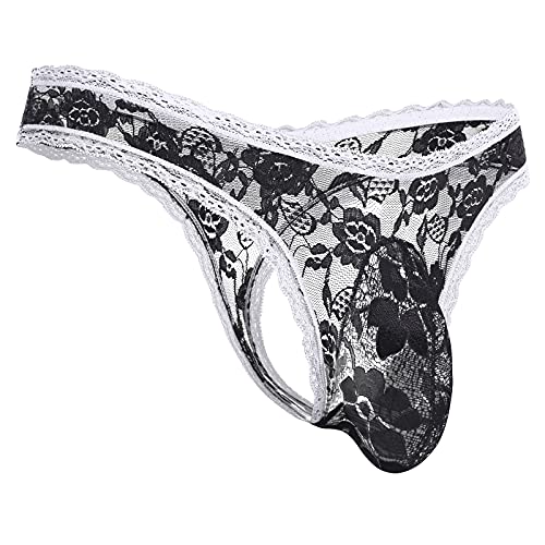 IBAKOM Herrn Sissy Slip Höschen Blumen Spitze Transparent Netz Seide/Spitze Beutel Niedrige Taille Tanga G-String T-Rücken Bikini Crossdress Dessous Unterhose Schwarz (Spitzenbeutel) L von IBAKOM