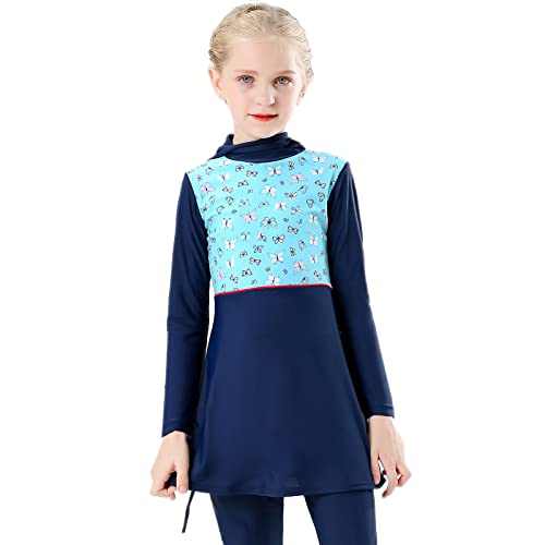 IBAKOM Kinder Kleinkind Mädchen Modest Bademode 2 Stück Burkini Langarm/Kurzarm Rash Guard Badeanzug Top Hose Strandkleidung Surfen Muslimisch Islamischer Badeanzüge 1# Marineblau 7-8 Jahre von IBAKOM