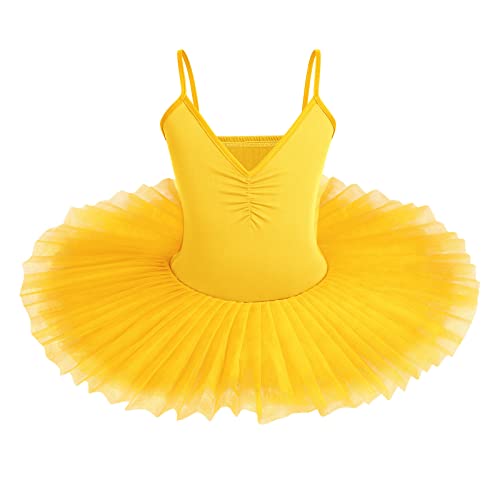 IBAKOM Kinder Mädchen Ballettkleid Schwanensee Kostüm Tanzen Tutu Kleid V-Ausschnitt Camisole Trikot Tanzkleidung Ballerina Gymnastik Spaghettiträger Ärmelloses Tanzoutfit Gelb 7-8 Jahre von IBAKOM