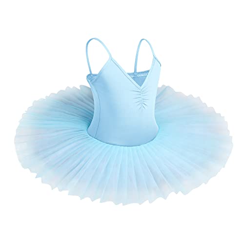 IBAKOM Kinder Mädchen Ballettkleid Schwanensee Kostüm Tanzen Tutu Kleid V-Ausschnitt Camisole Trikot Tanzkleidung Ballerina Gymnastik Spaghettiträger Ärmelloses Tanzoutfit Himmelblau 7-8 Jahre von IBAKOM