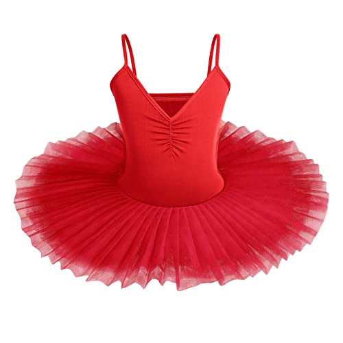 IBAKOM Kinder Mädchen Ballettkleid Schwanensee Kostüm Tanzen Tutu Kleid V-Ausschnitt Camisole Trikot Tanzkleidung Ballerina Gymnastik Spaghettiträger Ärmelloses Tanzoutfit Rot 11-12 Jahre von IBAKOM