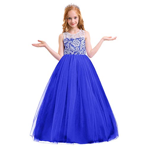 IBAKOM Kinder Mädchen Blumenmädchen Kleid Ärmellose Hochzeit Geburtstag Party Spitze Tüll Ballkleid Elegantes Abendkleid Prinzessin Kleider Königsblau 10-11 Jahre von IBAKOM