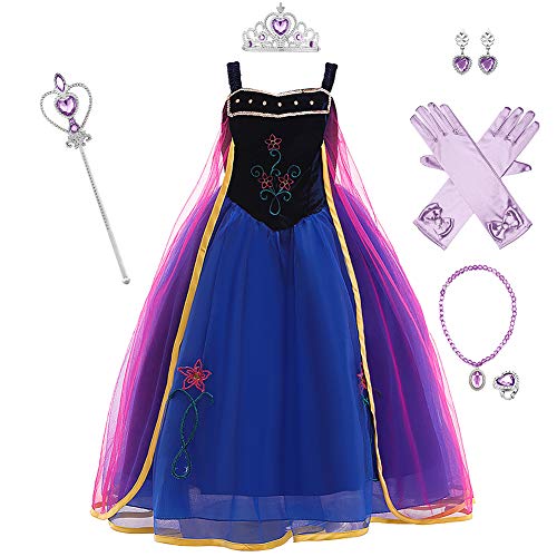 IBAKOM Kinder Mädchen Prinzessin Anna Kostüm Kleid Schneekönigin Eiskönigin 2 Cosplay Verkleidung Halloween Karneval Weihnachten Fasching Geburtstag Party mit Zubehör von IBAKOM