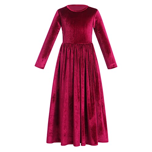 IBAKOM Kinder Mädchen Samt Langarm Kleid Weihnachten Brautjungfer Hochzeit Geburtstag Formale Party Urlaub Kommunion Abendkleider mit Taschen Weinrot 7-8 Jahre von IBAKOM