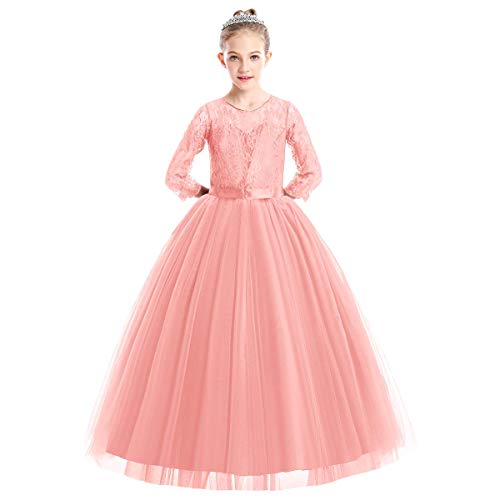 IBAKOM Kinder Mädchen Spitze Blumen 3/4 Ärmel Hochzeit Blumenmädchen Tüll Langes Kleid Prinzessin Formale Feier Abend Maxikleid Rosa 13-14 Jahre von IBAKOM