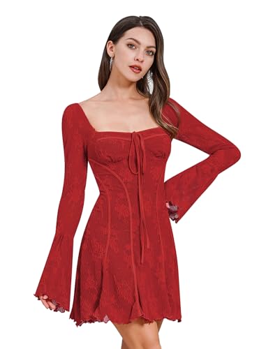 IBAKOM Kleid Damen Gothic Kleid Spitzenkleid TrompetenÄrmel Vintage Kleid Elegant Kleid Hochzeitsgast Damen Minikleid A-Linie Cocktailkleid Abendkleid Kurz Prom Dress Dresses for Women rot S von IBAKOM