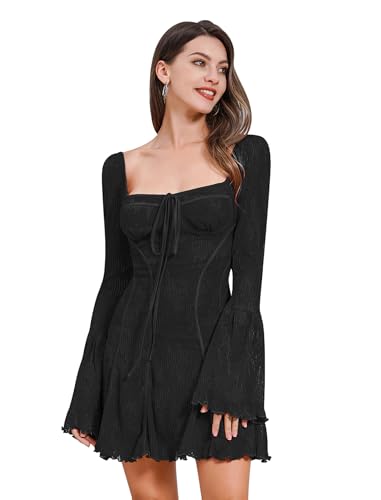 IBAKOM Kleid Damen Gothic Kleid Spitzenkleid TrompetenÄrmel Vintage Kleid Elegant Kleid Hochzeitsgast Damen Minikleid A-Linie Cocktailkleid Abendkleid Kurz Prom Dress Dresses for Women schwarz L von IBAKOM