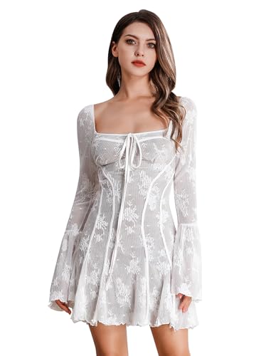 IBAKOM Kleid Damen Gothic Kleid Spitzenkleid TrompetenÄrmel Vintage Kleid Elegant Kleid Hochzeitsgast Damen Minikleid A-Linie Cocktailkleid Abendkleid Kurz Prom Dress Dresses for Women weiß M von IBAKOM