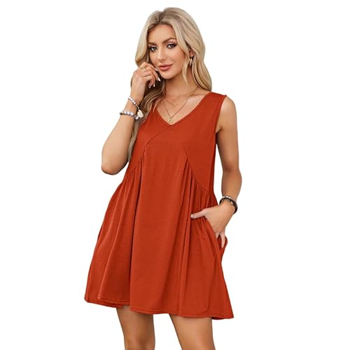 IBAKOM Kleider Damen Sommer Sommerkleid Kurz Ärmellos Freizeitkleid mit Taschen V-Ausschnitt Strandkleid Casual Minikleid Dresses for Women Große Größen Oversize Schlafkleid Nachthemd Ziegelrot M von IBAKOM