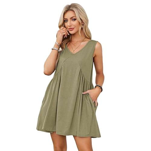 IBAKOM Kleider Damen Sommer Sommerkleid Kurz Ärmellos Freizeitkleid mit Taschen V-Ausschnitt Strandkleid Casual Minikleid Dresses for Women Große Größen Oversize Schlafkleid Nachthemd hellgrün L von IBAKOM