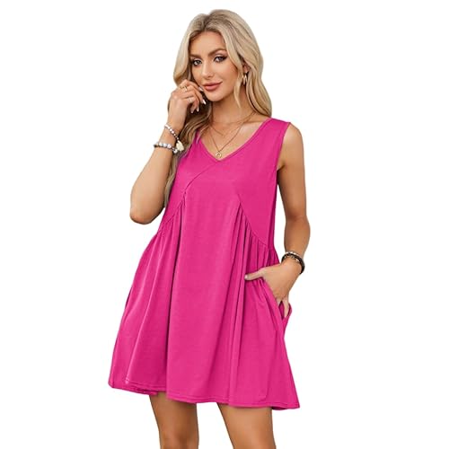 IBAKOM Kleider Damen Sommer Sommerkleid Kurz Ärmellos Freizeitkleid mit Taschen V-Ausschnitt Strandkleid Casual Minikleid Dresses for Women Große Größen Oversize Schlafkleid Nachthemd rosenrot XS von IBAKOM
