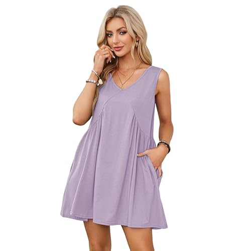 IBAKOM Kleider Damen Sommer Sommerkleid Kurz Ärmellos Freizeitkleid mit Taschen V-Ausschnitt Strandkleid Casual Minikleid Dresses for Women Große Größen Oversize Schlafkleid Nachthemd violett L von IBAKOM