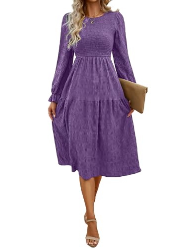 IBAKOM Langarm Kleid Herbst Winter Damen Gestuftes Rüschen Freizeitkleid mit Rundhalsausschnitt Gesmoktes Elastische Hohe Taille Maxikleid A-Linie Einfarbig Partykleid Cocktailkleid violett XL von IBAKOM