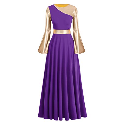 IBAKOM Liturgisches Lob Tanzkleid für Damen, lang, metallisch, goldfarben, Block, lockere Passform, volle Länge, Kirchentanzkleidung - Violett - XXX-Large von IBAKOM