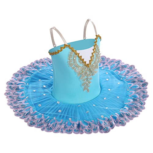 IBAKOM Mädchen Ballettkleid Spaghettiträgern Ballett Tanzkleid Schwanensee Spitze Perlen Camisole Trikot Turnanzug Tutu Kostüm Eiskunstlauf Tanzkleidung Ballerina Outfit Himmelblau 7-8 Jahre von IBAKOM