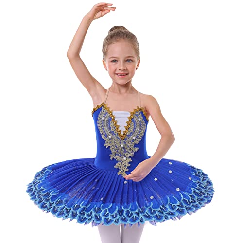 IBAKOM Mädchen Ballettkleid Spaghettiträgern Ballett Tanzkleid Schwanensee Spitze Perlen Camisole Trikot Turnanzug Tutu Kostüm Eiskunstlauf Tanzkleidung Ballerina Outfit Königsblau 4-5 Jahre von IBAKOM