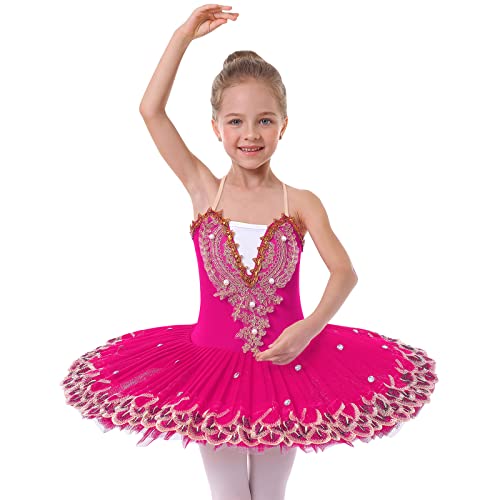 IBAKOM Mädchen Ballettkleid Spaghettiträgern Ballett Tanzkleid Schwanensee Spitze Perlen Camisole Trikot Turnanzug Tutu Kostüm Eiskunstlauf Tanzkleidung Ballerina Outfit Rosenrot 11-12 Jahre von IBAKOM