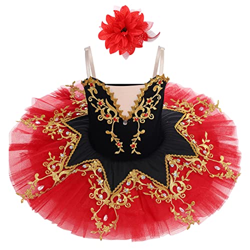 IBAKOM Mädchen Ballettkleid Spaghettiträgern Ballett Tanzkleid Schwanensee Spitze Perlen Camisole Trikot Turnanzug Tutu Kostüm Eiskunstlauf Tanzkleidung Ballerina Outfit Rot+Schwarz 13-14 Jahre von IBAKOM