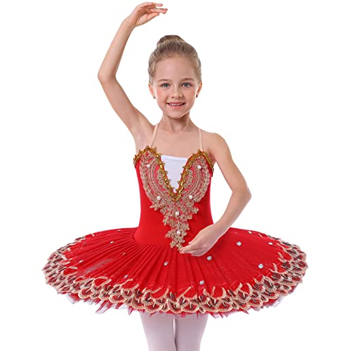 IBAKOM Mädchen Ballettkleid Spaghettiträgern Ballett Tanzkleid Schwanensee Spitze Perlen Camisole Trikot Turnanzug Tutu Kostüm Eiskunstlauf Tanzkleidung Ballerina Outfit Rot 11-12 Jahre von IBAKOM