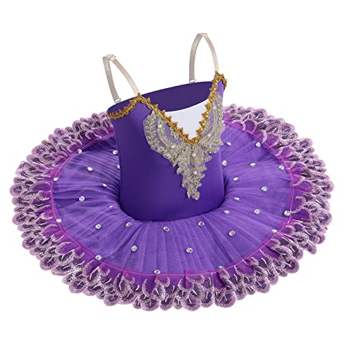 IBAKOM Mädchen Ballettkleid Spaghettiträgern Ballett Tanzkleid Schwanensee Spitze Perlen Camisole Trikot Turnanzug Tutu Kostüm Eiskunstlauf Tanzkleidung Ballerina Outfit Violett 5-6 Jahre von IBAKOM