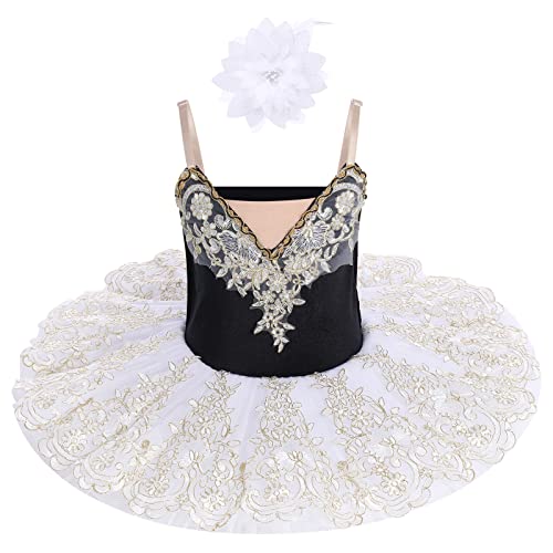 IBAKOM Mädchen Ballettkleid Spaghettiträgern Ballett Tanzkleid Schwanensee Spitze Perlen Camisole Trikot Turnanzug Tutu Kostüm Eiskunstlauf Tanzkleidung Ballerina Outfit Weiß+Schwarz 5-6 Jahre von IBAKOM