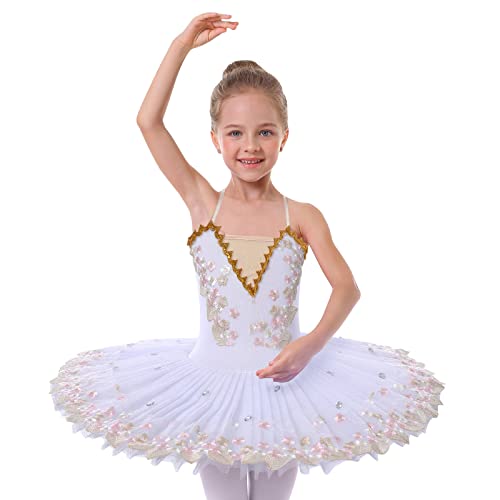 IBAKOM Mädchen Ballettkleid Spaghettiträgern Ballett Tanzkleid Schwanensee Spitze Perlen Camisole Trikot Turnanzug Tutu Kostüm Eiskunstlauf Tanzkleidung Ballerina Outfit Weiß - Blume 11-12 Jahre von IBAKOM