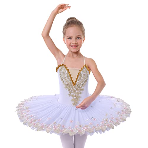 IBAKOM Mädchen Ballettkleid Spaghettiträgern Ballett Tanzkleid Schwanensee Spitze Perlen Camisole Trikot Turnanzug Tutu Kostüm Eiskunstlauf Tanzkleidung Ballerina Outfit Weiß - Perlen 5-6 Jahre von IBAKOM