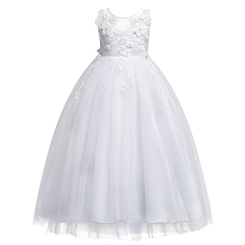IBAKOM Mädchen Hochzeitskleider Kinder Ärmellos Blumen Spitze Tüll Brautjungfernkleid Prinzessin Kleider Langes Abendkleid Kommunikation Geburtstag Party Kleid Weiß 9-10 Jahre von IBAKOM
